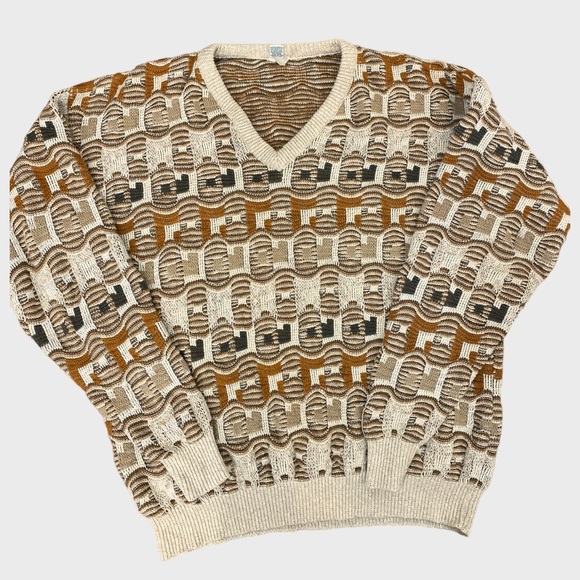 Vintage Ivory Brown 3D Textured Coogi Style Oversized Grandpa Sweater Size XL